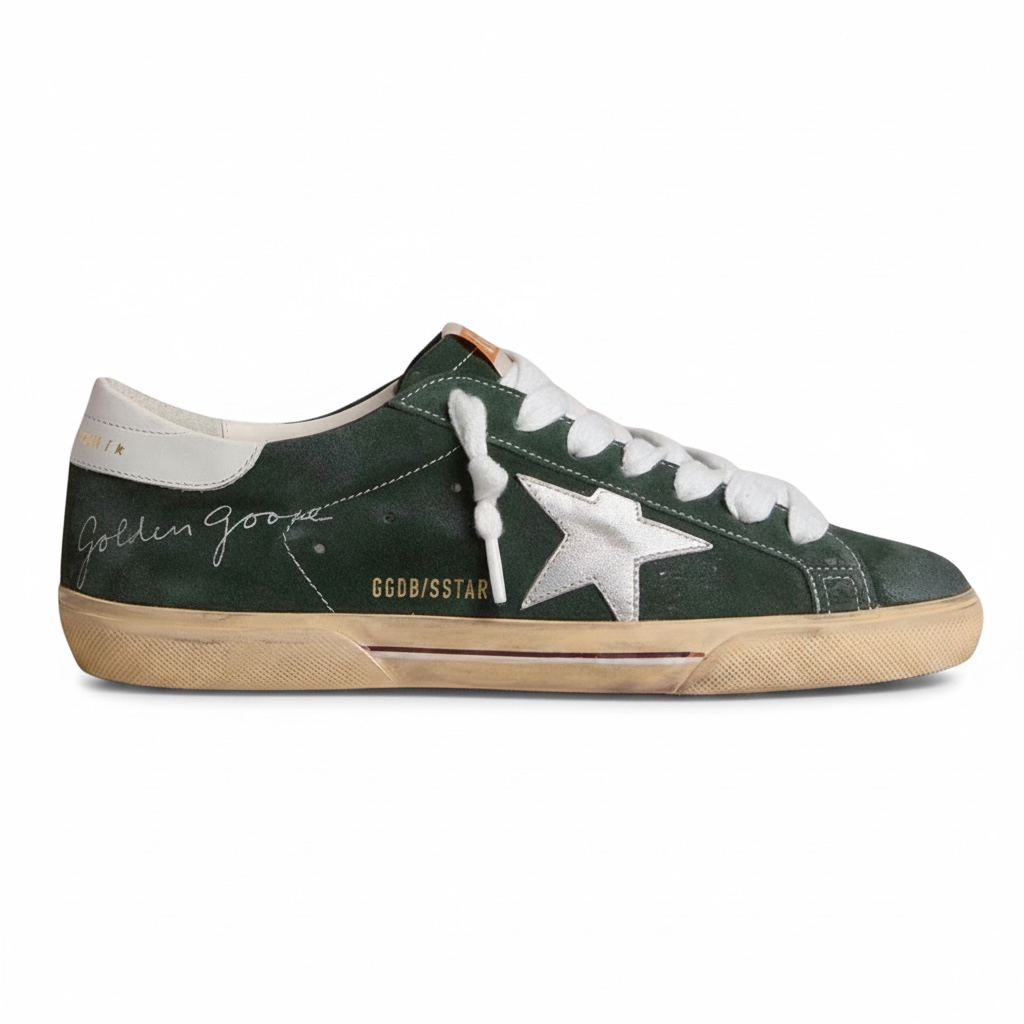 Golden Goose Super-Star in Green Suede With Silver Metallic Leather Star and Leather Heel Tab