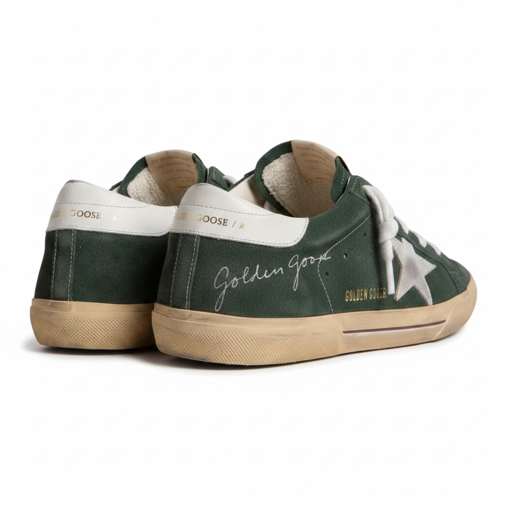 Golden Goose Super-Star in Green Suede With Silver Metallic Leather Star and Leather Heel Tab
