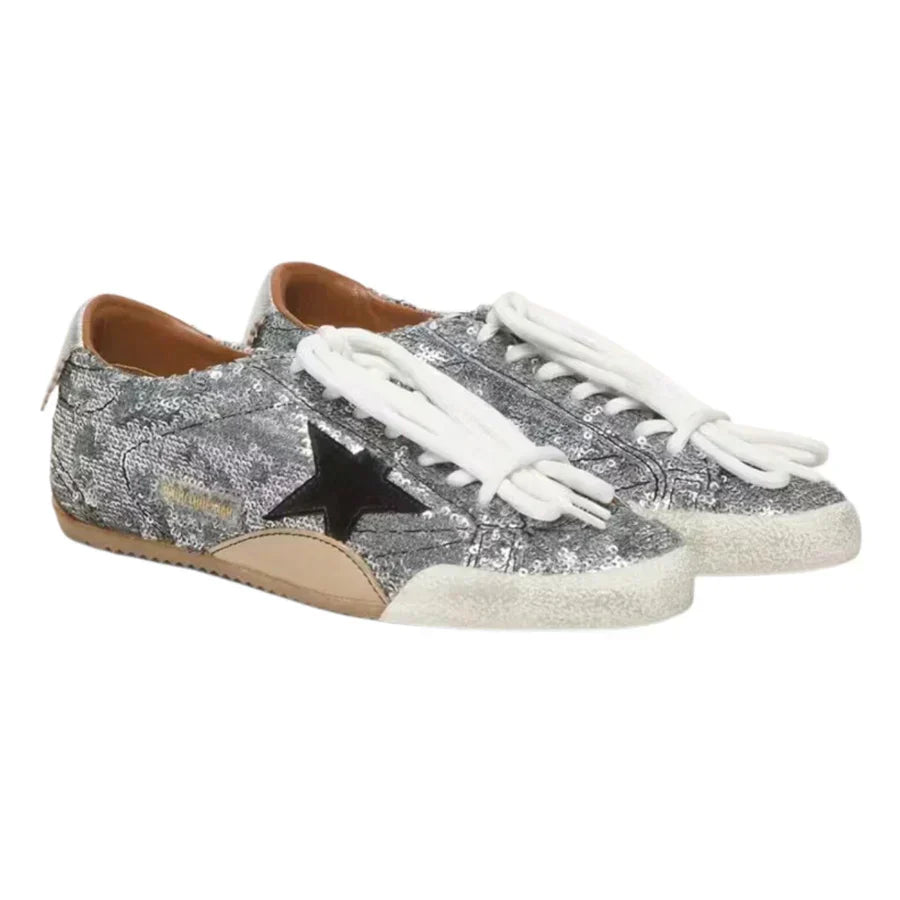 Golden Goose True-Star in Silver Sequins With Black Star and Silver Leather Heel Tab