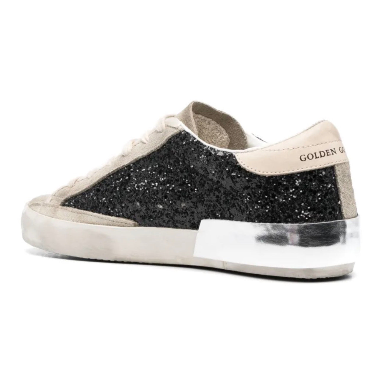 Golden Goose Super-Star Trainers in Black Glitter With Cream Star and Suede Inserts