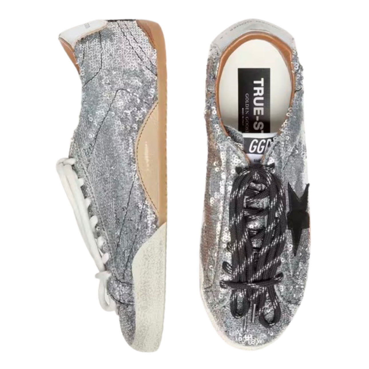 Golden Goose True-Star in Silver Sequins With Black Star and Silver Leather Heel Tab