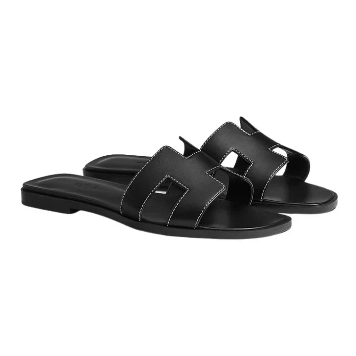 Hermès Oran Sandal Black Calfskin – White Top Stitch Flat Shoes