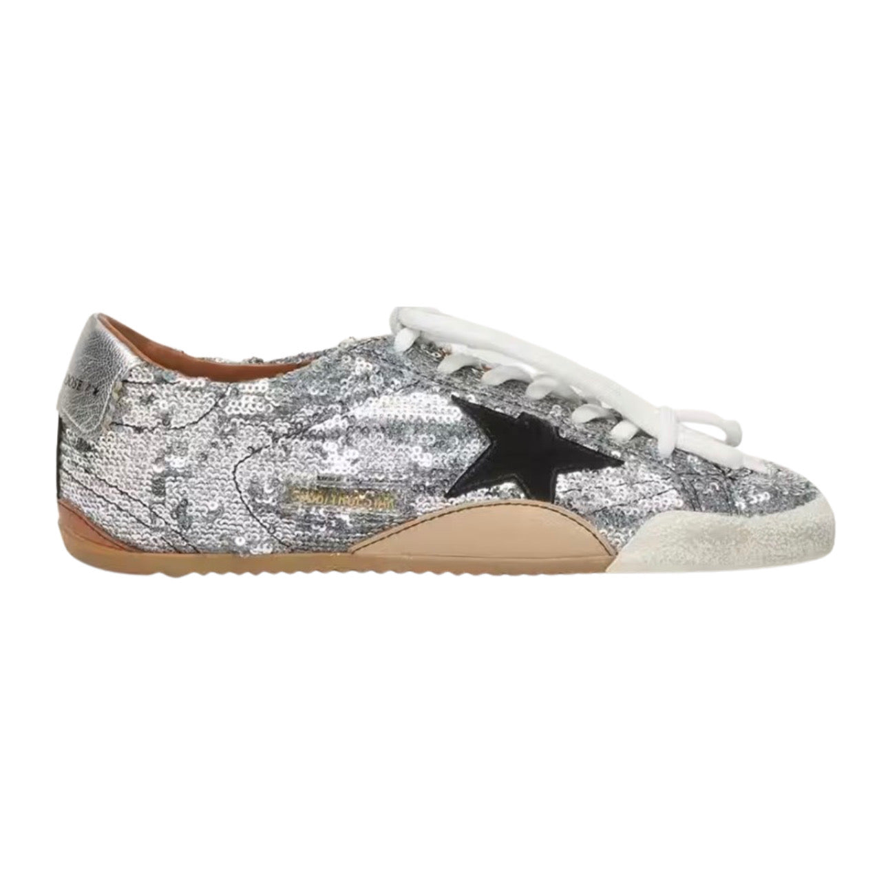 Golden Goose True-Star in Silver Sequins With Black Star and Silver Leather Heel Tab
