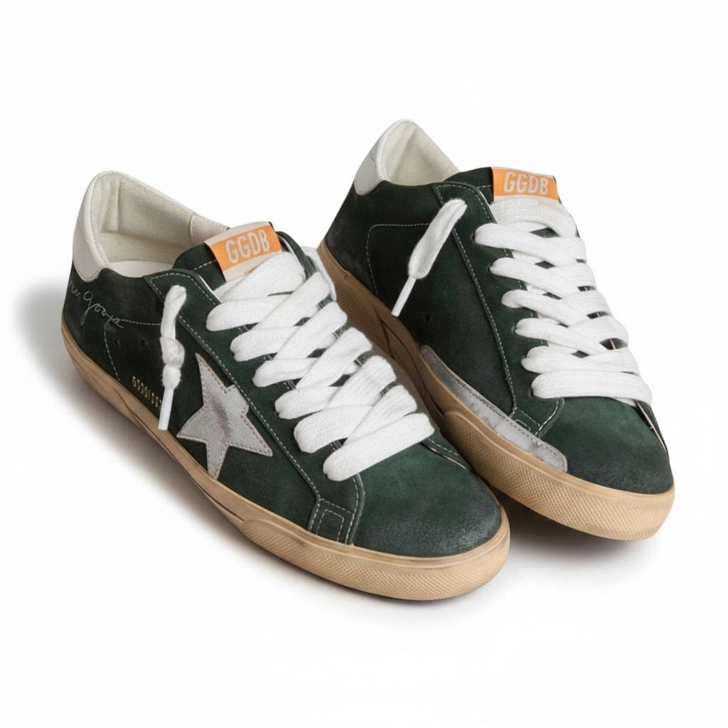 Golden Goose Super-Star in Green Suede With Silver Metallic Leather Star and Leather Heel Tab