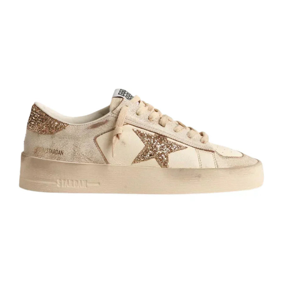 Golden Goose Stardan in Ecru Nappa Leather With Gold Glitter Star and Heel Tab