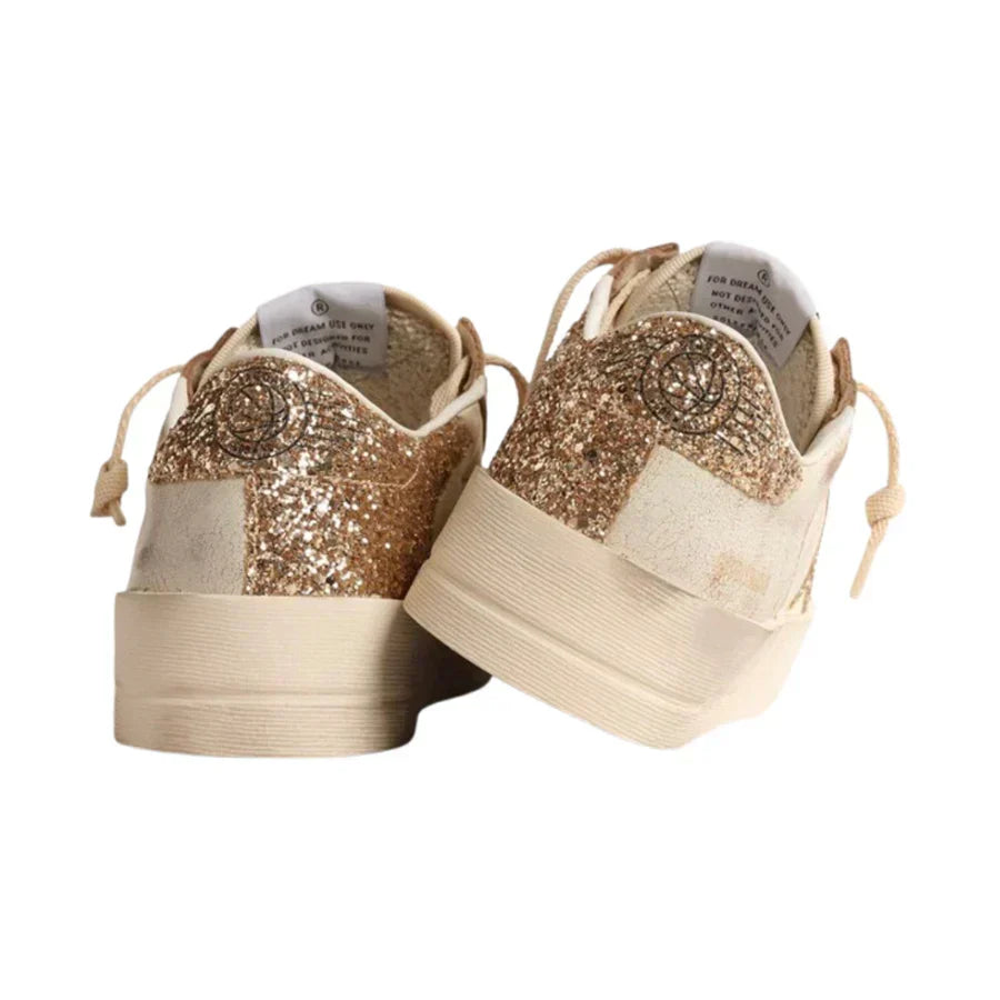 Golden Goose Stardan in Ecru Nappa Leather With Gold Glitter Star and Heel Tab