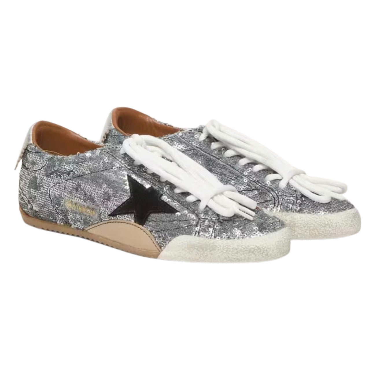 Golden Goose True-Star in Silver Sequins With Black Star and Silver Leather Heel Tab