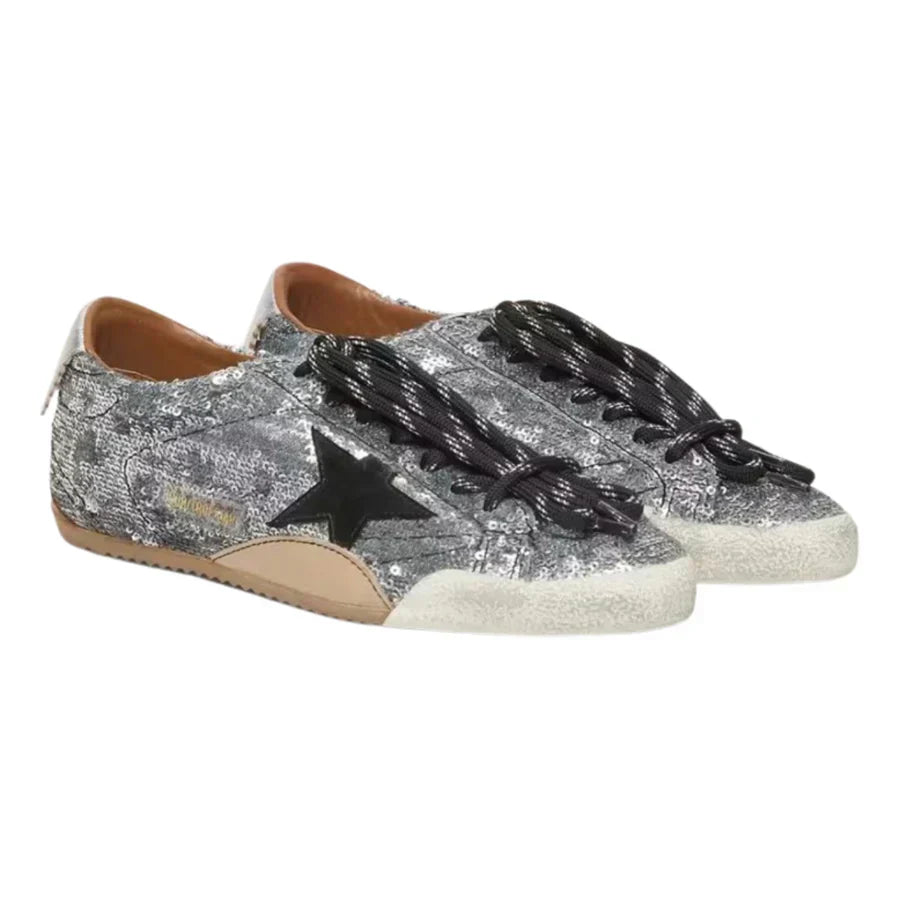 Golden Goose True-Star in Silver Sequins With Black Star and Silver Leather Heel Tab