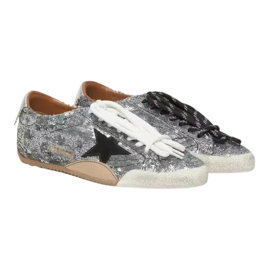 Golden Goose True-Star in Silver Sequins With Black Star and Silver Leather Heel Tab