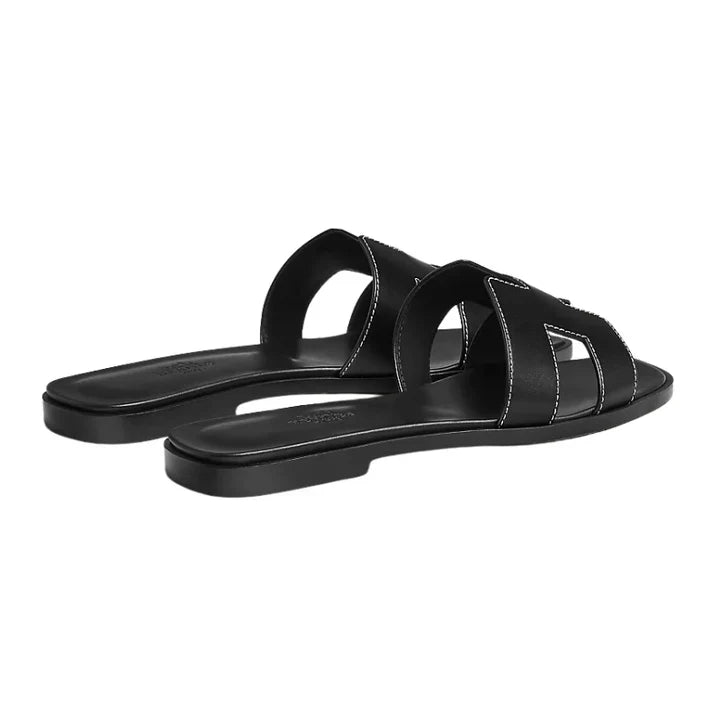 Hermès Oran Sandal Black Calfskin – White Top Stitch Flat Shoes