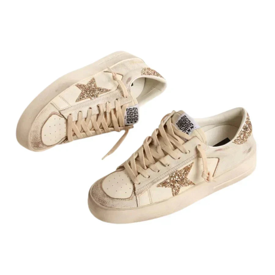 Golden Goose Stardan in Ecru Nappa Leather With Gold Glitter Star and Heel Tab