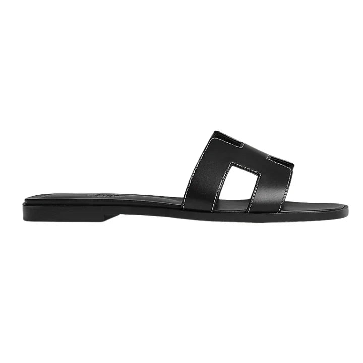 Hermès Oran Sandal Black Calfskin – White Top Stitch Flat Shoes