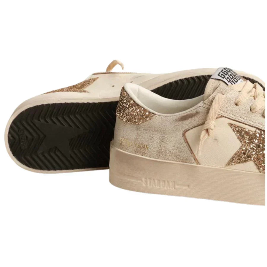 Golden Goose Stardan in Ecru Nappa Leather With Gold Glitter Star and Heel Tab