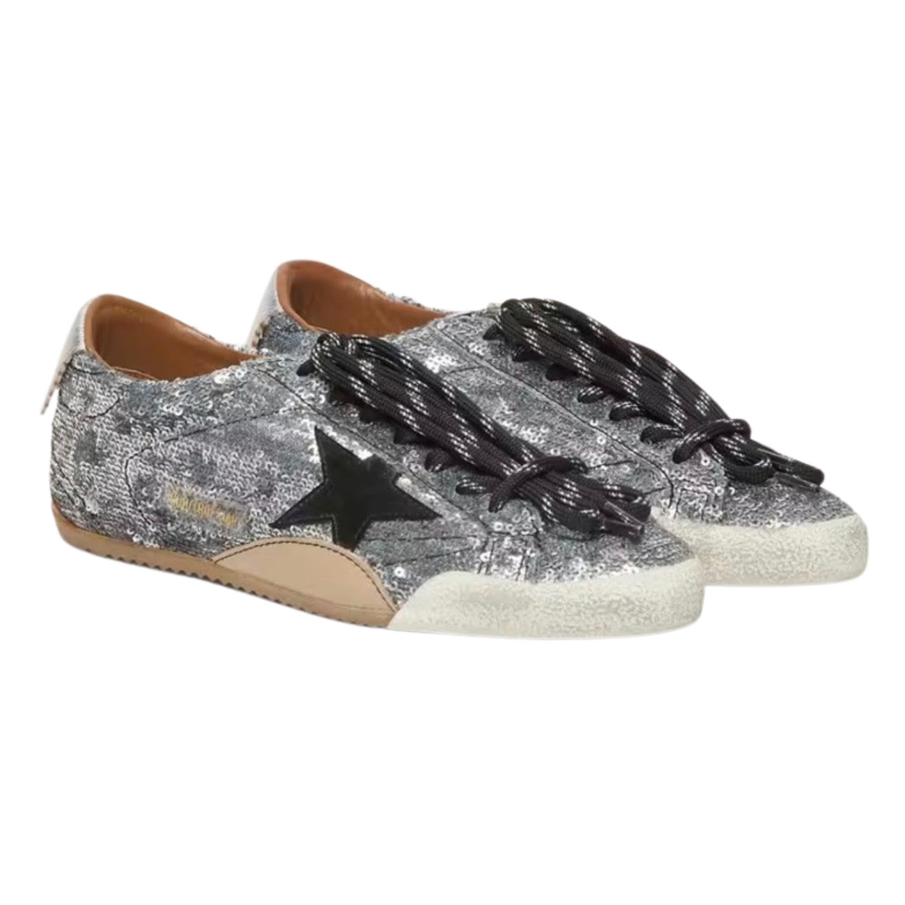 Golden Goose True-Star in Silver Sequins With Black Star and Silver Leather Heel Tab