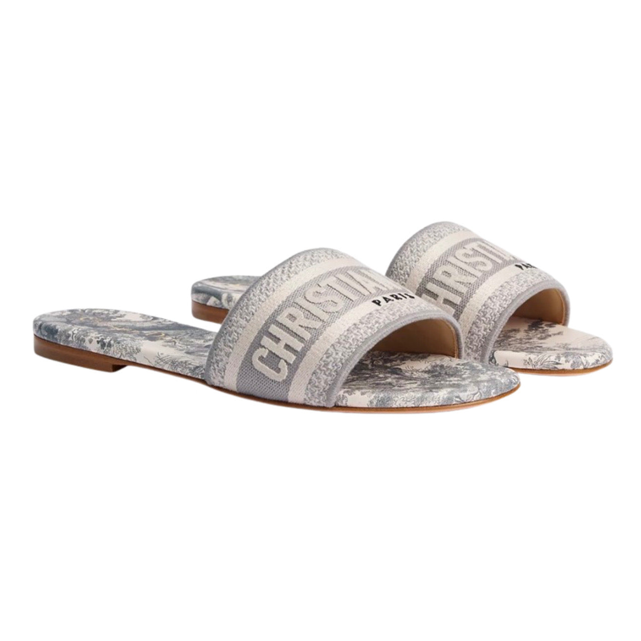 Dior Dway Slide Gray Embroidered Cotton and Toile de Jouy Motif