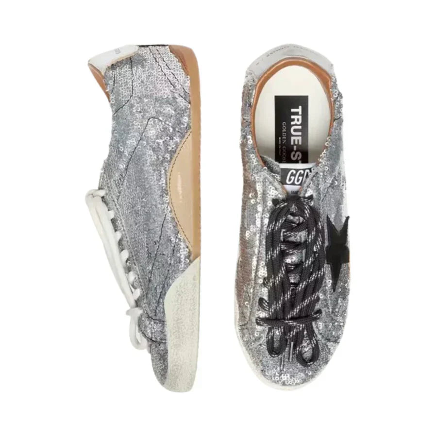 Golden Goose True-Star in Silver Sequins With Black Star and Silver Leather Heel Tab
