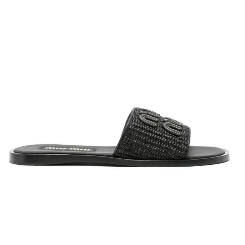 Miu Miu Raffia-effect Woven Fabric Slides \ Black