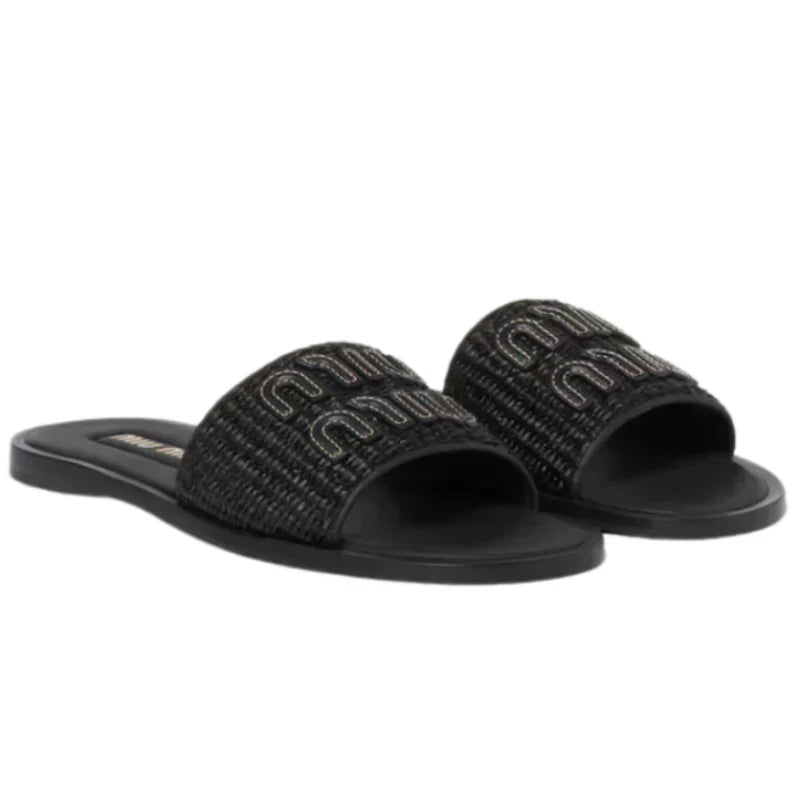 Miu Miu Raffia-effect Woven Fabric Slides \ Black