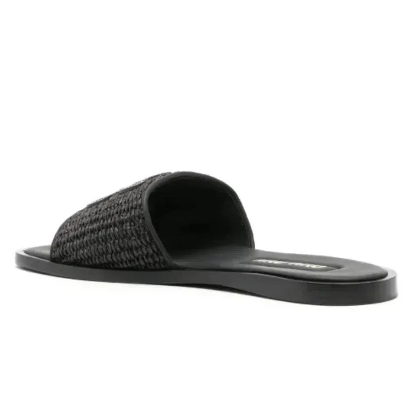 Miu Miu Raffia-effect Woven Fabric Slides \ Black
